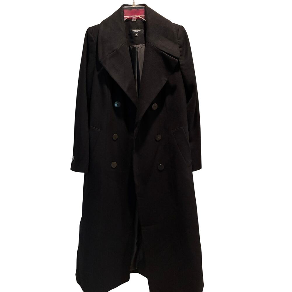 Kenneth Cole New York Black Wool Blend Maxi Coat Double Breasted